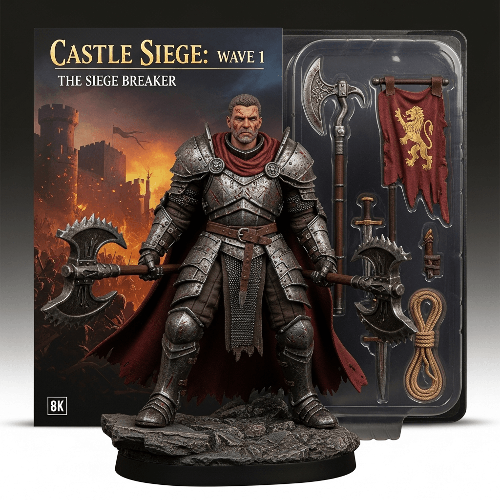 A knight action figure with siege accessories (weapons and a banner).
