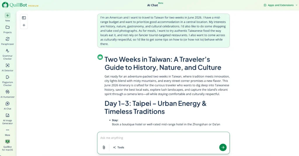 A screenshot of Quillbot's AI Trip Planner generating a vacation itinerary for a trip to Taiwan