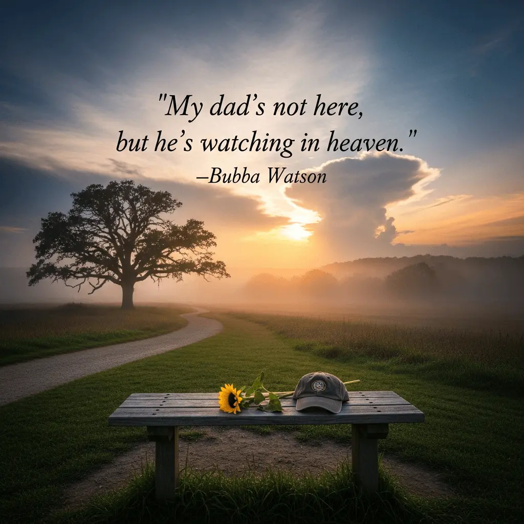 a happy father's day quote by bubba watson with a bench and a baseball cap and and sky background