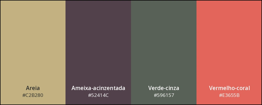 Paleta com as cores: areia, ameixa-acinzentada, verde-cinza e vermelho-coral.