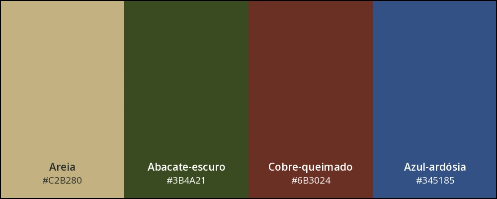 Paleta com as cores: areia, abacate-escuro, cobre-queimado e azul-ardósia.