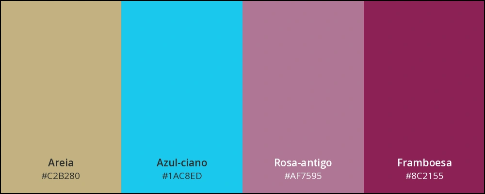 Paleta com as cores: areia, azul-ciano, rosa-antigo e framboesa.