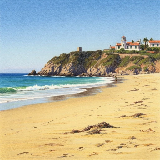 Desenho de uma praia com fachada de areia ampla e mar calmo. Há uma pessoa na beira do mar, ao longe. No fundo, há um costão com algumas casas no alto, cercadas de vegetação.