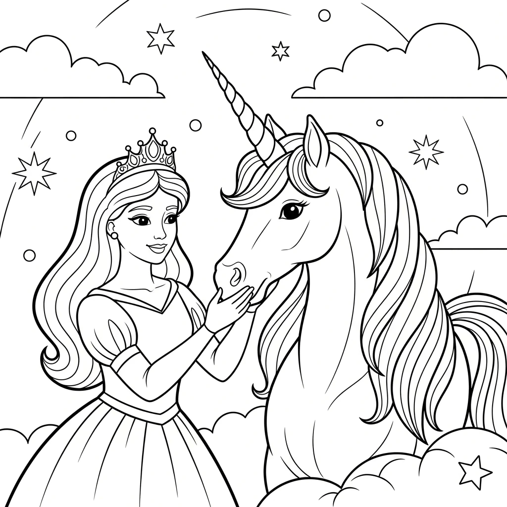 Ausmalbild Prinzessin und Einhorn