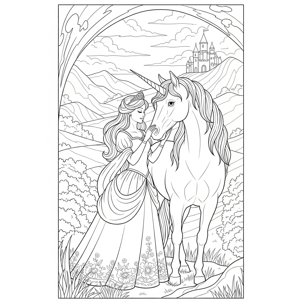 Ausmalbild Prinzessin und Einhorn