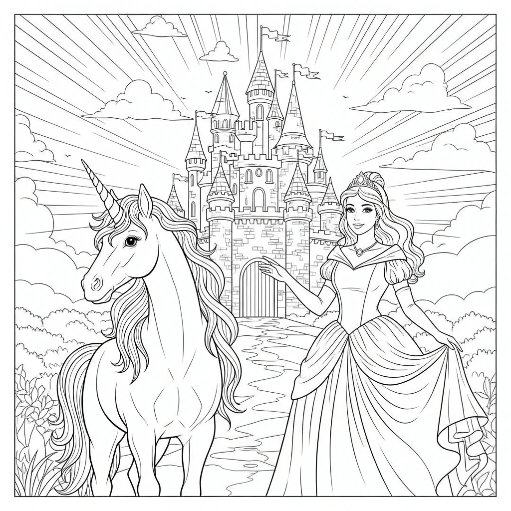 Ausmalbild Prinzessin und Einhorn
