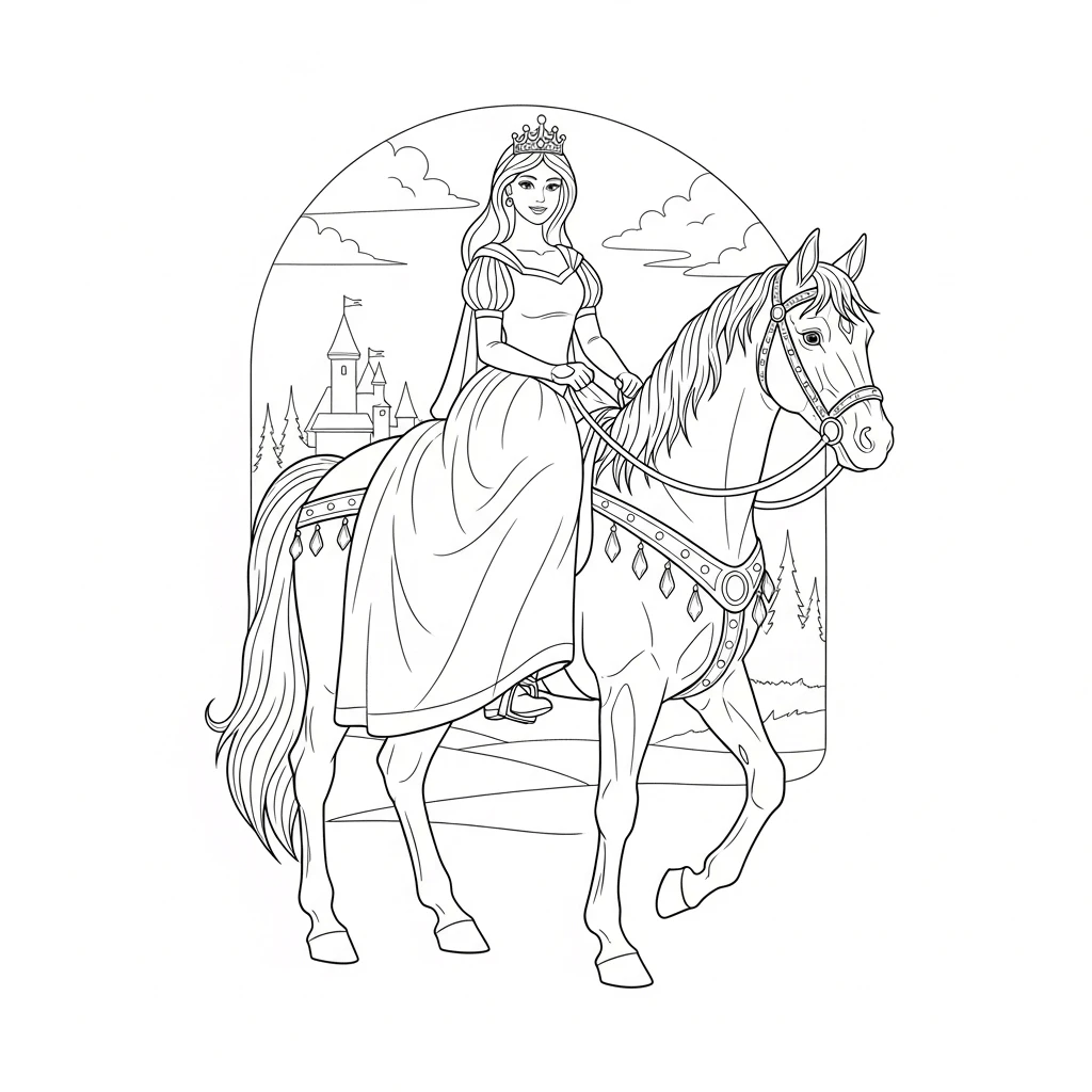 Ausmalbild Prinzessin und Pferd