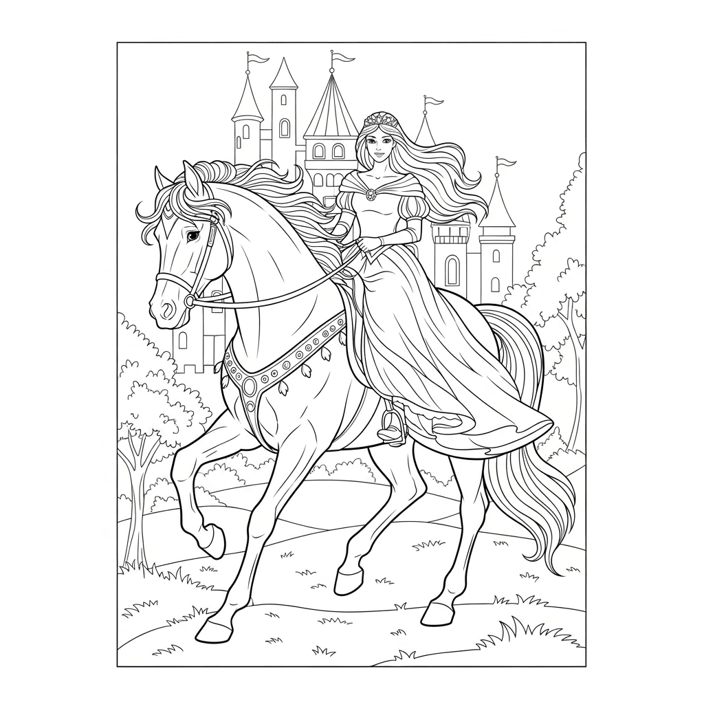 Ausmalbild Prinzessin und Pferd
