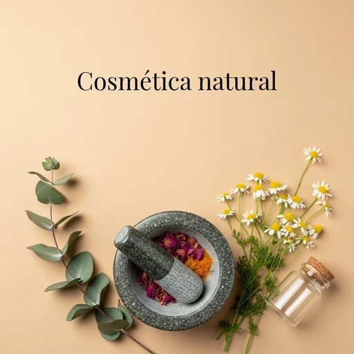 Imagem com fundo na cor areia e as palavras "cosmética natural" escritas no alto. Na parte de baixo da imagem, há um ramo de folhas de eucalipto, um pequeno pilão de pedra com pétalas de flores dentro, alguns ramos de flor de camomila e um pequeno frasco de vidro transparente fechado com rolha.