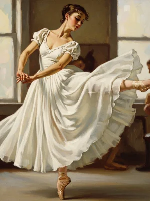 Desenho representando uma bailarina com vestido branco rodado, em posição de dança clássica, num estúdio iluminado por luz natural.