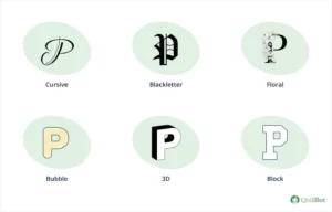 6 styles of letter P, including cursive, blackletter, floral, bubble, 3D, and block