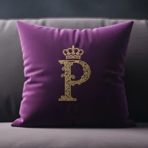 AI generated photorealistic image of a purple pillow with a letter P monogram