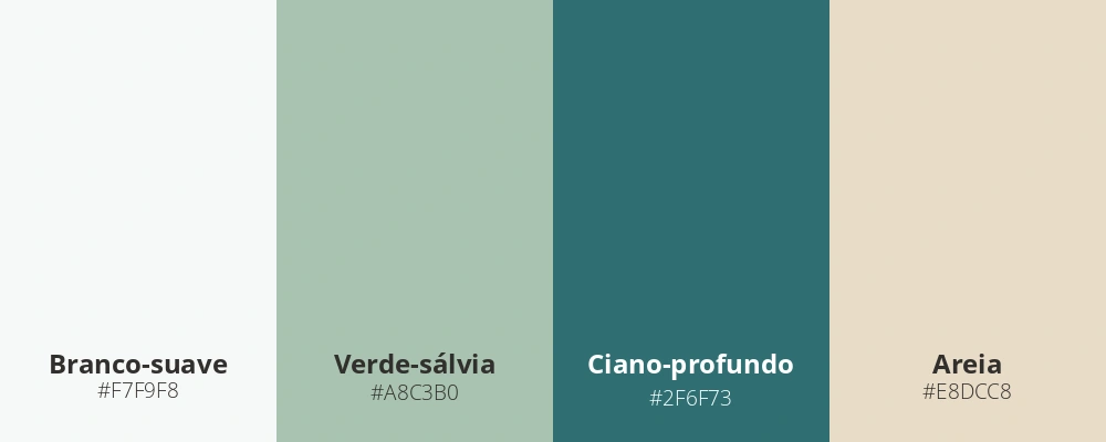 Paleta com quatro cores lado a lado: branco-suave, verde-sálvia, ciano-profundo e areia.