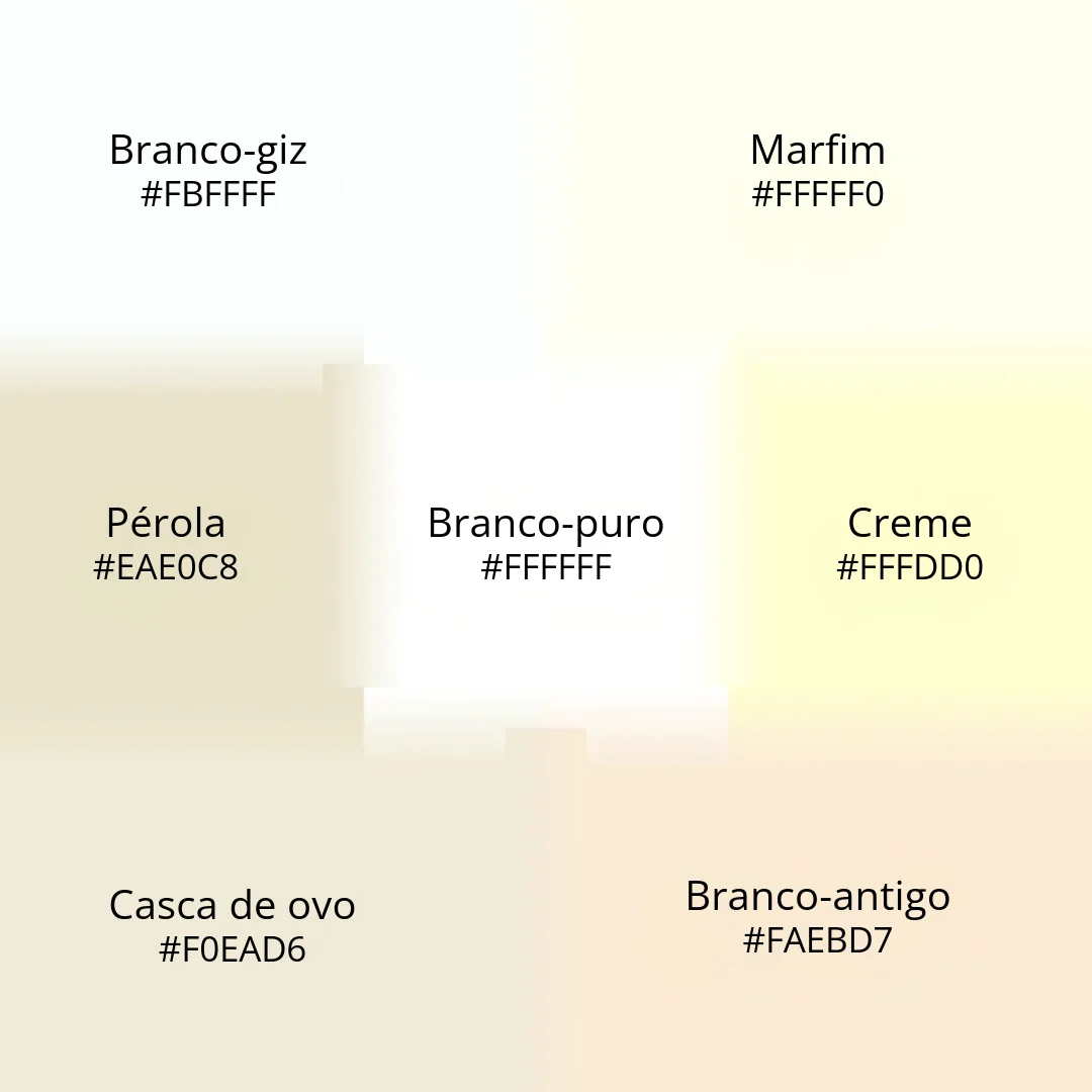 Infográfico com gradiente suave mostrando sete tons de branco: Branco-giz (#FBFFFF), Marfim (#FFFFF0), Pérola (#EAE0C8), Branco-puro (#FFFFFF), Creme (#FFFDD0), Casca de ovo (#F0EAD6) e Branco-antigo (#FAEBD7), dispostos sobre fundo degradê em tons creme e amarelo-pálido.