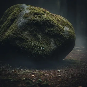 Pedra com musgo em chão de terra. Fundo escuro.