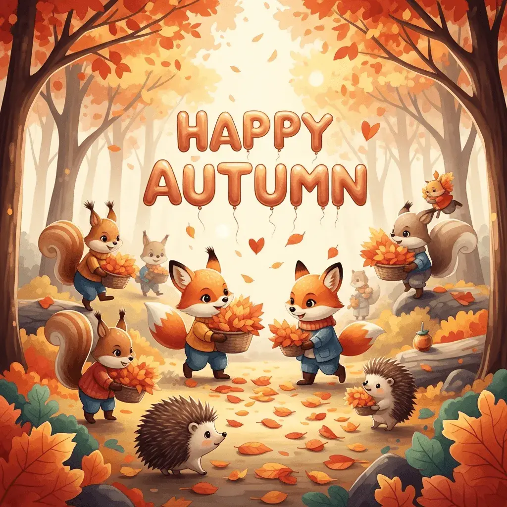 An AI-generated image of cartoon woodland animals celebrating autumn with the greeting "Happy Autumn" over head