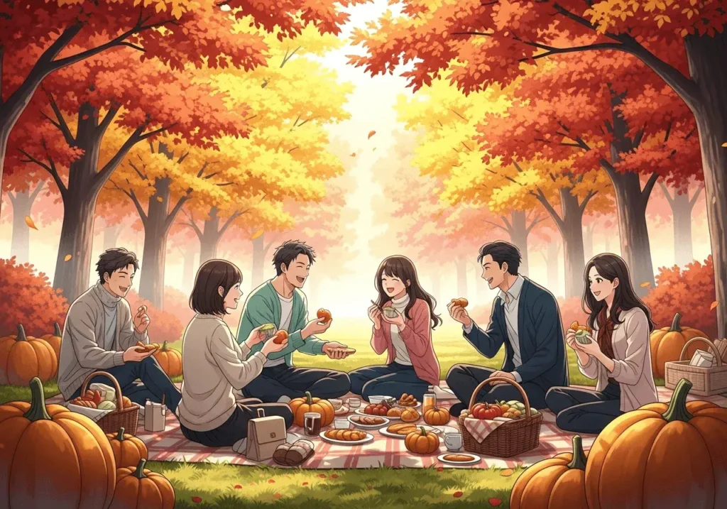 An AI-generated image of friends having an autumn picnic, rendered in an anime style