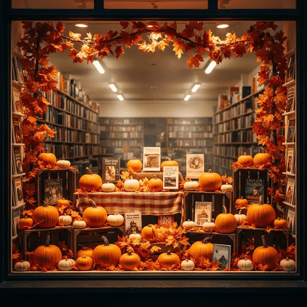 An AI-generated image of a bookshop decorated for autumn