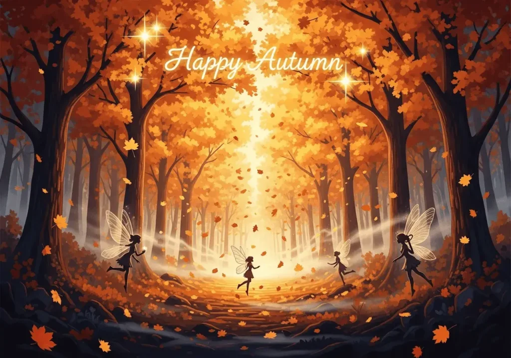 An AI-generated image of an enchanted forest in autumn with fairies and the greeting "Happy Autumn"