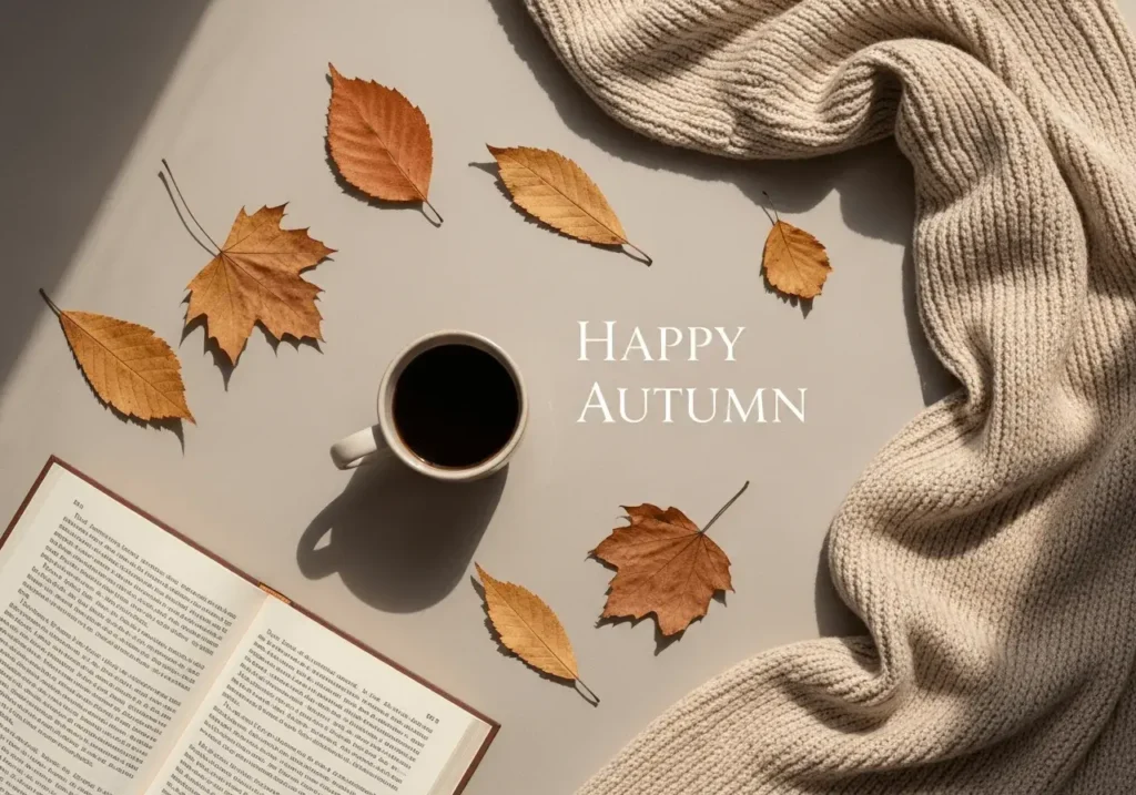 An AI-generated image of a minimalist autumn flat-lay with the greeting "Happy Autumn"