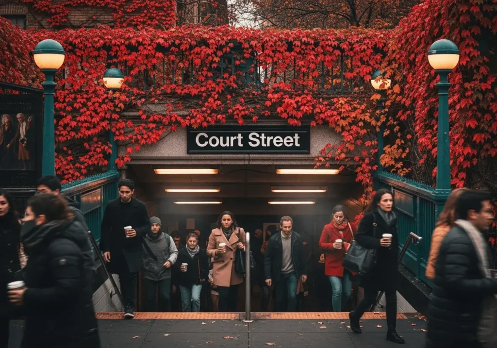 An AI-generated image of a busy subway stop during autumn