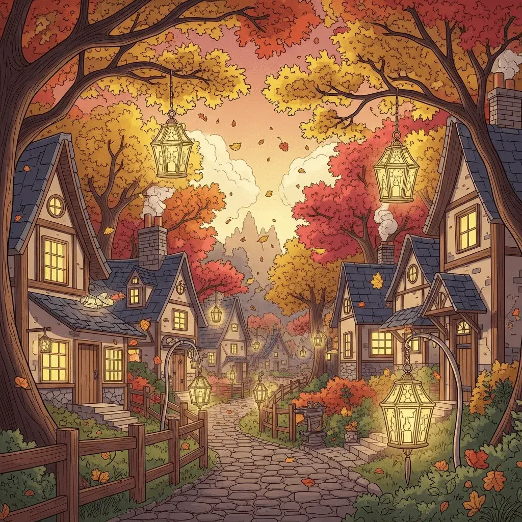 An AI-generated image of an autumn village, rendered in an illustrated style