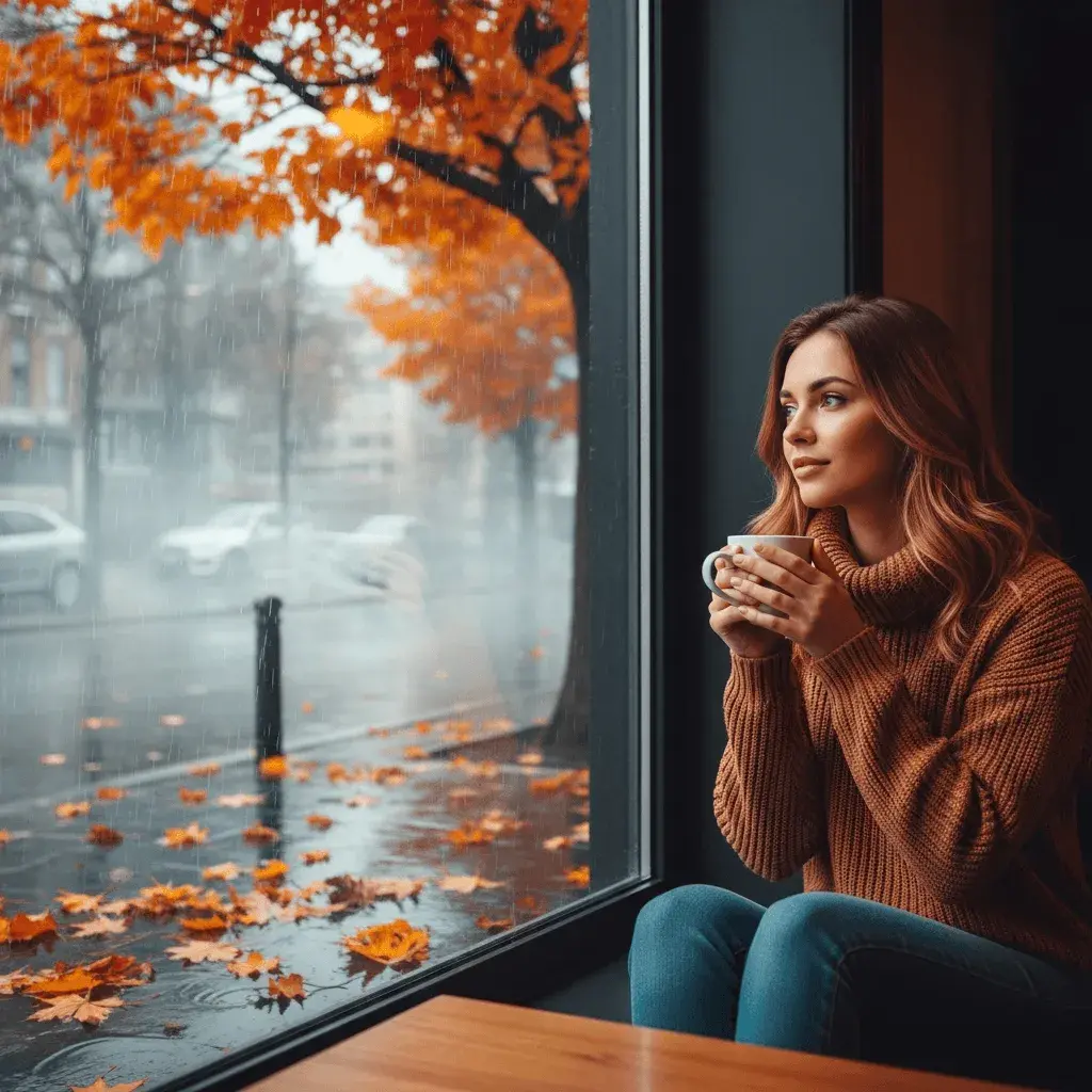 An AI-generated image of a woman drinking coffee with an autumn scene outside the window