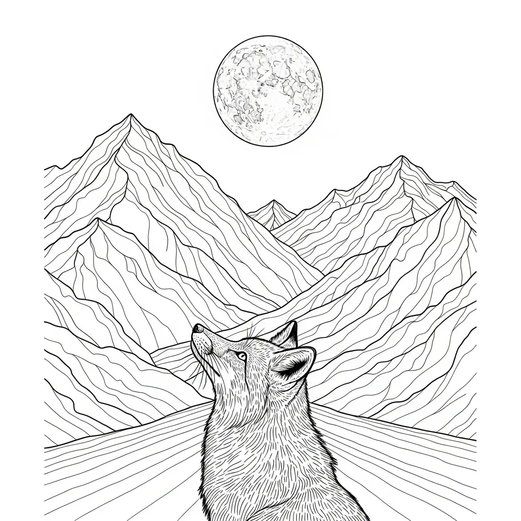 coloriage renard montagne lune
