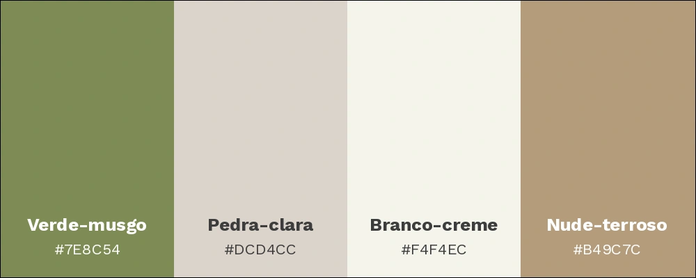 Paleta com as cores verde-musgo, pedra-clara, branco-creme e nude-terroso.