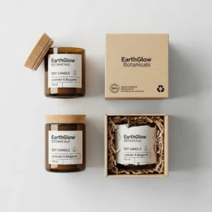 concept product packaging for soy candle brand, featuring 3 brown glass jars with cork lids. One of the jars is placed in a kraft paper box. The top part of the paper box reads "EarthGlow Botanicals"
