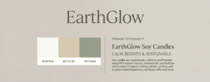 Brand identity board for EarthGlow featuring a serif wordmark logo, muted beige, sage green, and white color palette, and typography samples arranged in a clean minimalist layout on a neutral background.