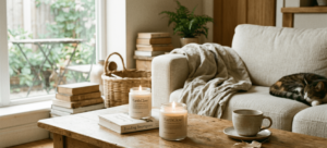 Minimalist soy candles on a wooden coffee table in a cozy living room with soft natural light, neutral decor, and a cat napping on the sofa in the background.
