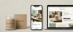 Multi-device brand mockup for a candle company featuring consistent minimalist packaging, social media layout, and web design in a muted beige and green color scheme.