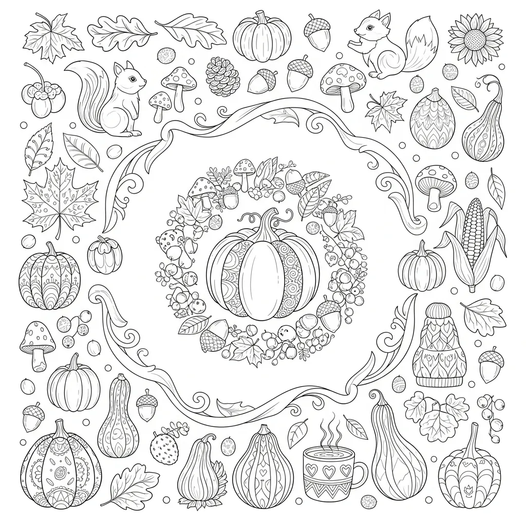 adult coloring page of a fall items like pumpkins, acorns, corn, leaves, and warm beverages