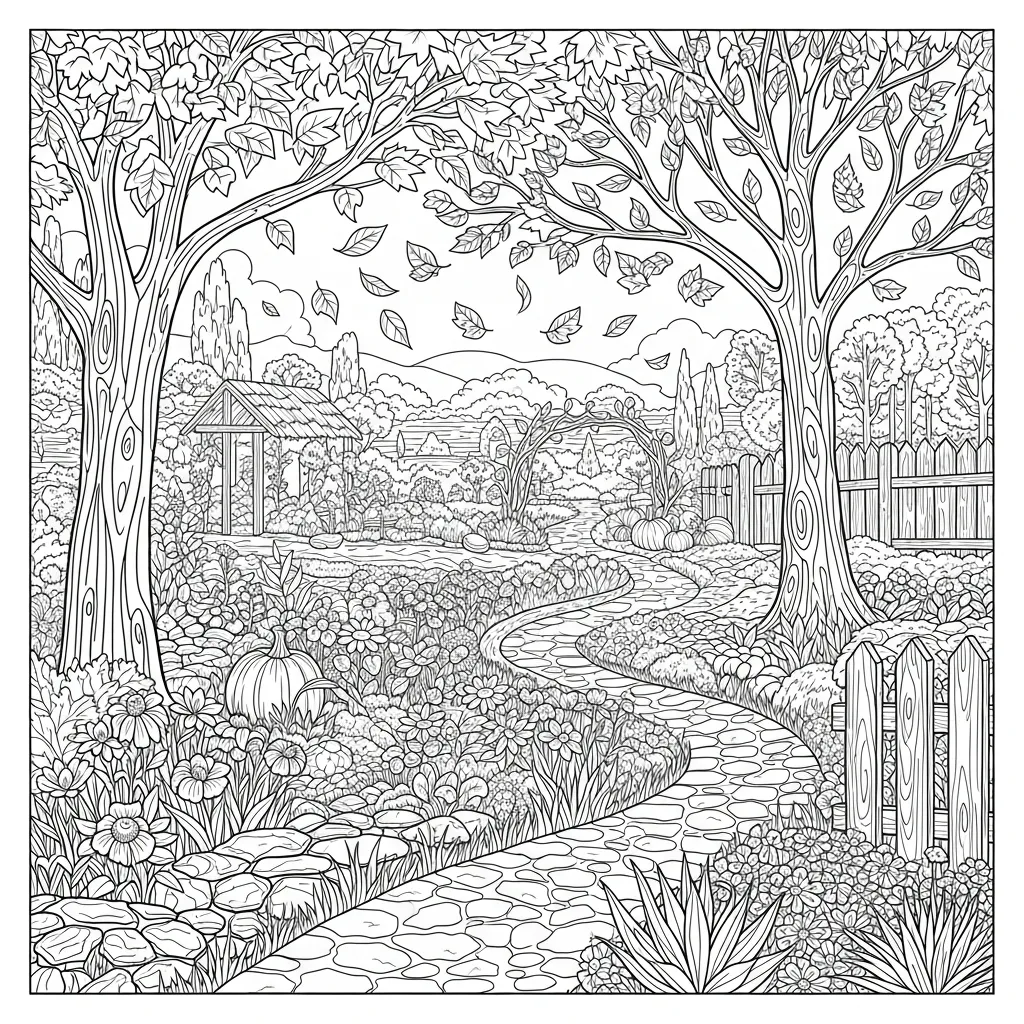 adult coloring page of an autumn garden