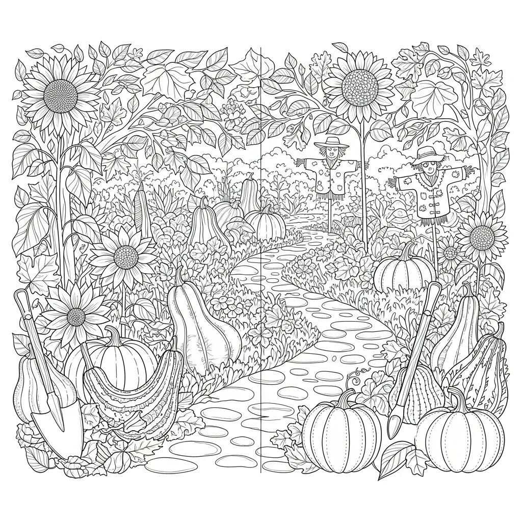 adult coloring page of a seasonal garden