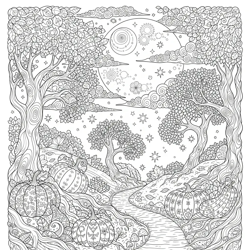 adult coloring page of a autumn night in a forest