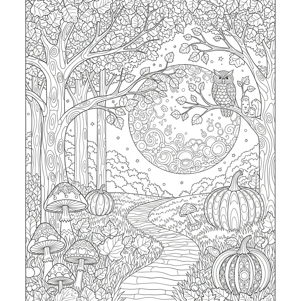 adult coloring page of a autumn night in a forest