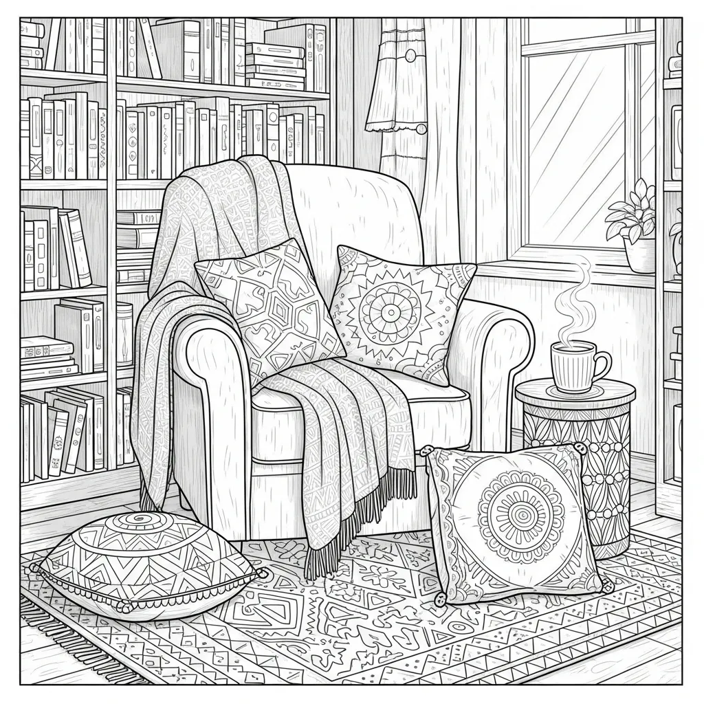 adult coloring page of a cozy reading nook