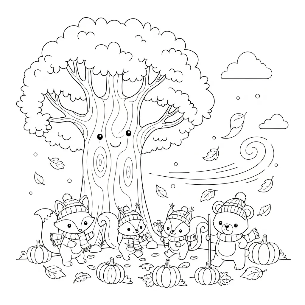 cute coloring page of woodland creatures beneath a tree in fall