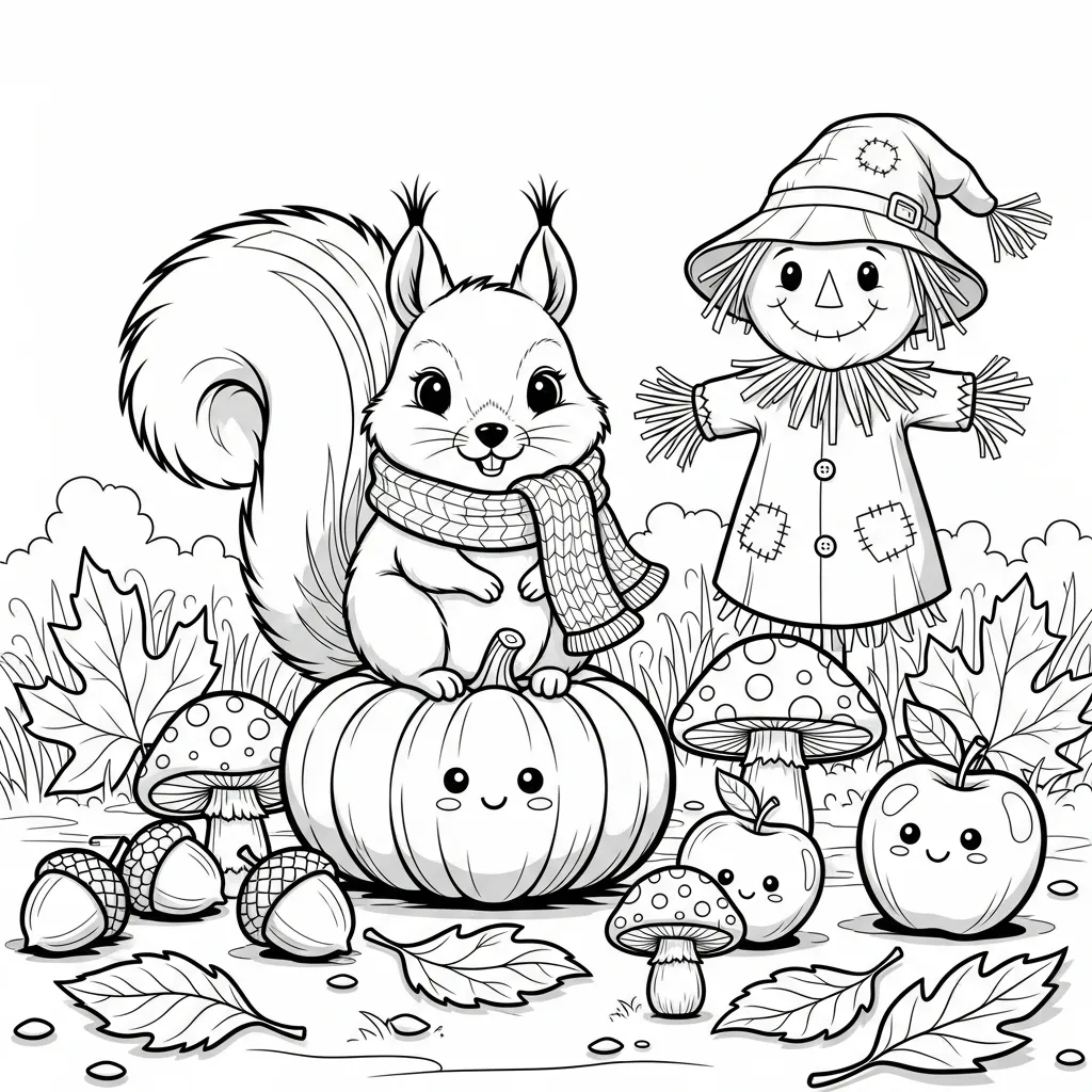 coloring page of a cute scare crow and squirrel with pumpkins, apples, leaves, and mushrooms