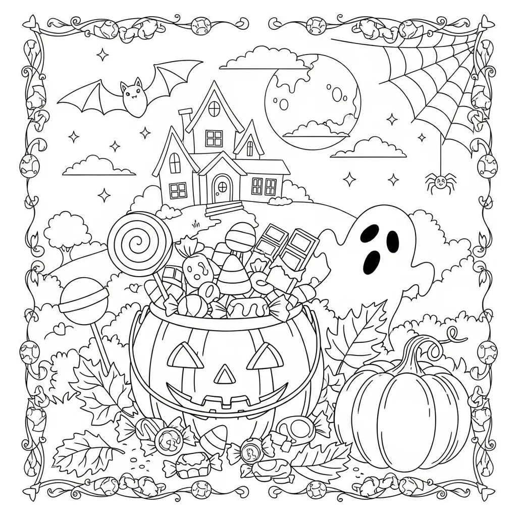 halloween coloring page of candy and a ghost