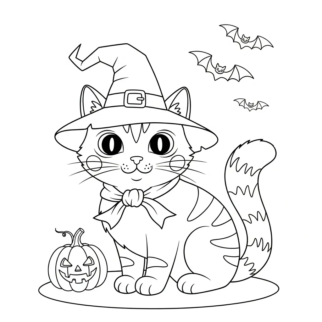 halloween coloring page of a cat wearing a witch hat