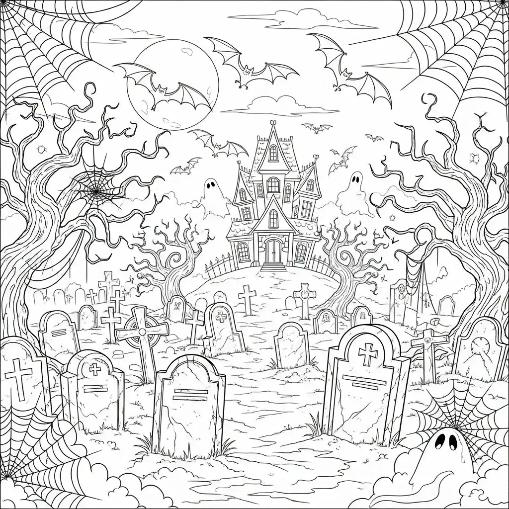 halloween coloring page of a haunted house and graveyard