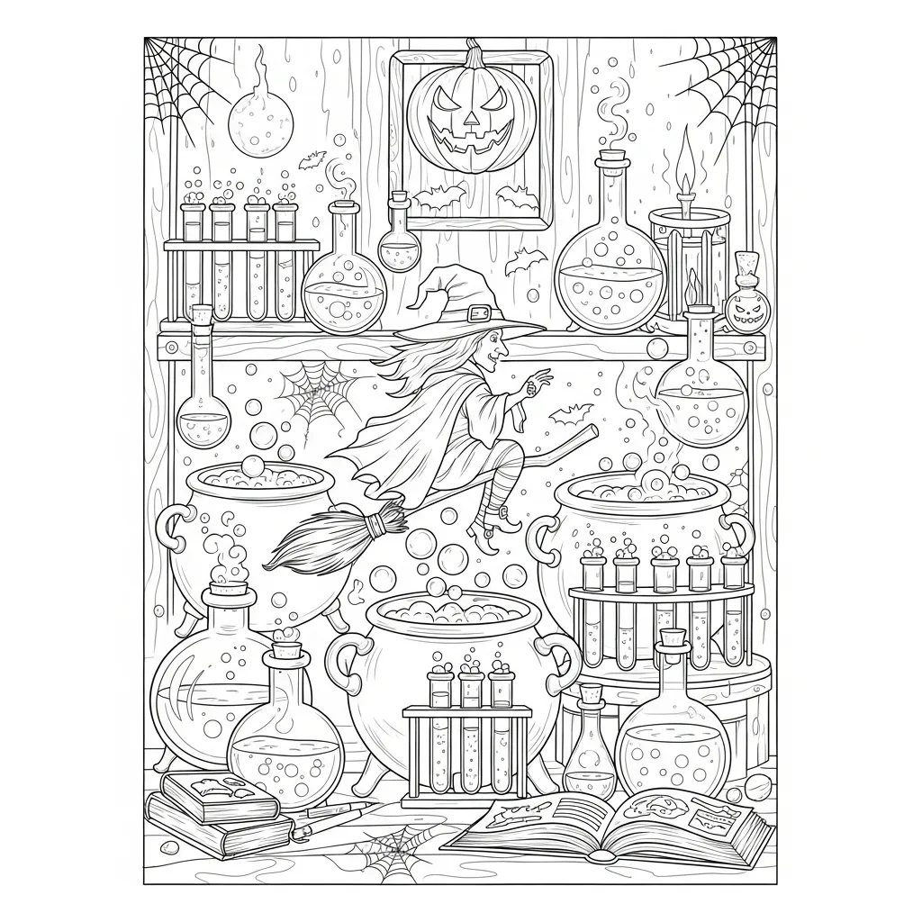 halloween coloring page of potions and a witch