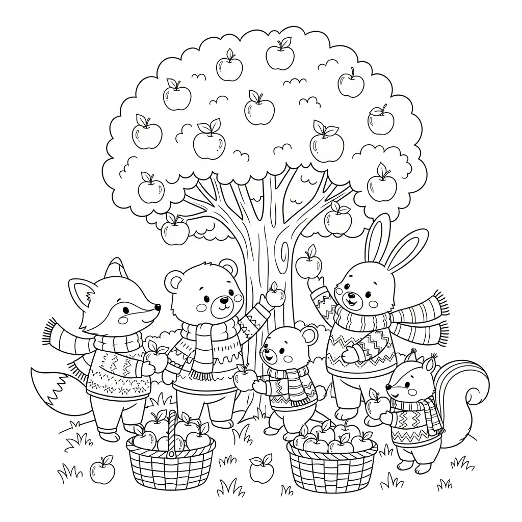 fall coloring page for kids of cartoon animals in sweaters picking apples