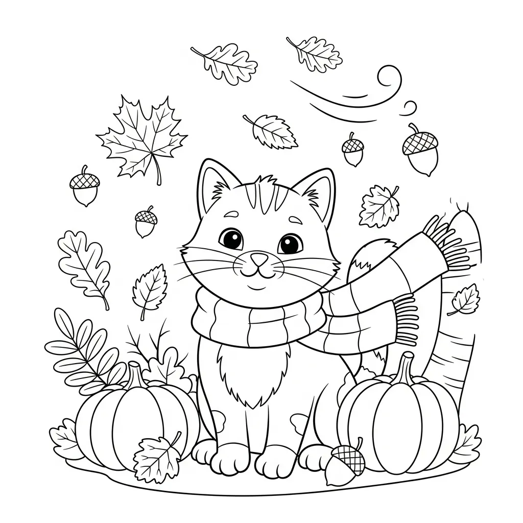 fall coloring page for kids of a cat in a scarf with acorns, leaves, and pumpkins around it