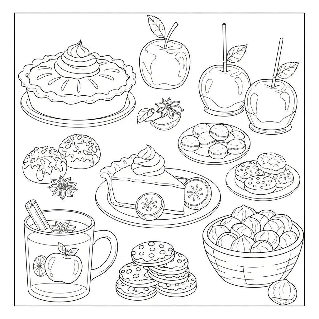 fall coloring page for kids of fall treats like caramel apple, nuts, and pie