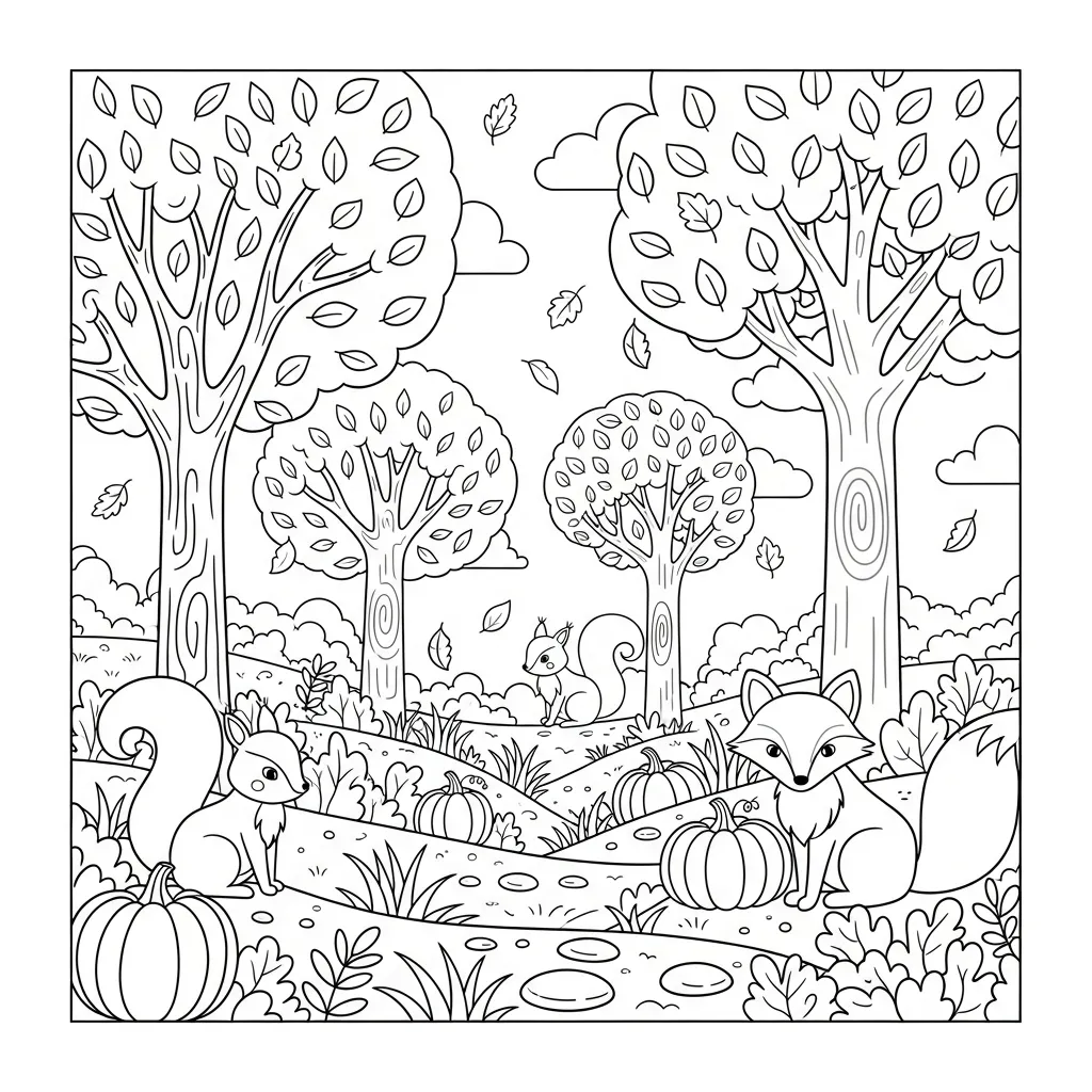 fall coloring page for kids of a forest scene with woodland creatures and falling leaves