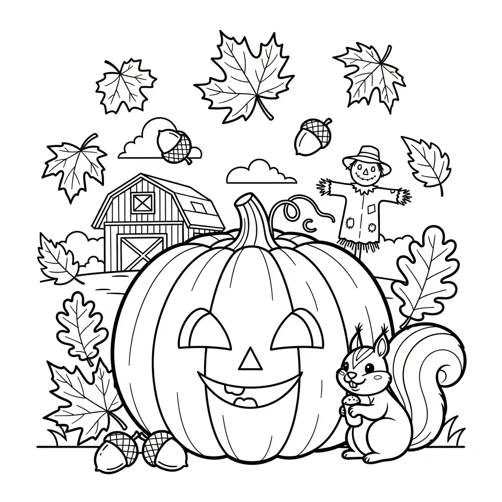fall coloring page for kids of a jack-o-lantern with acorns and leaves